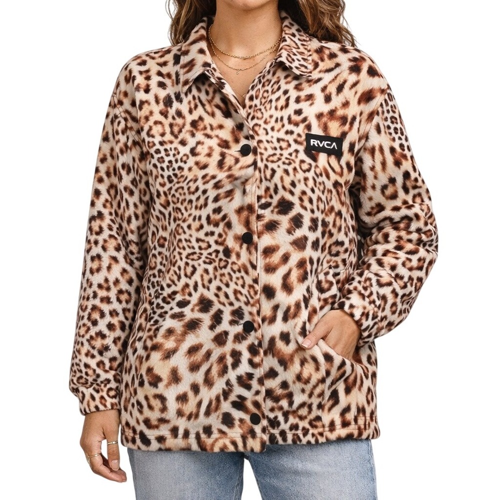 RVCA Elemental Coaches Jacket Womens Size L Leopard Animal Print Water Resistant